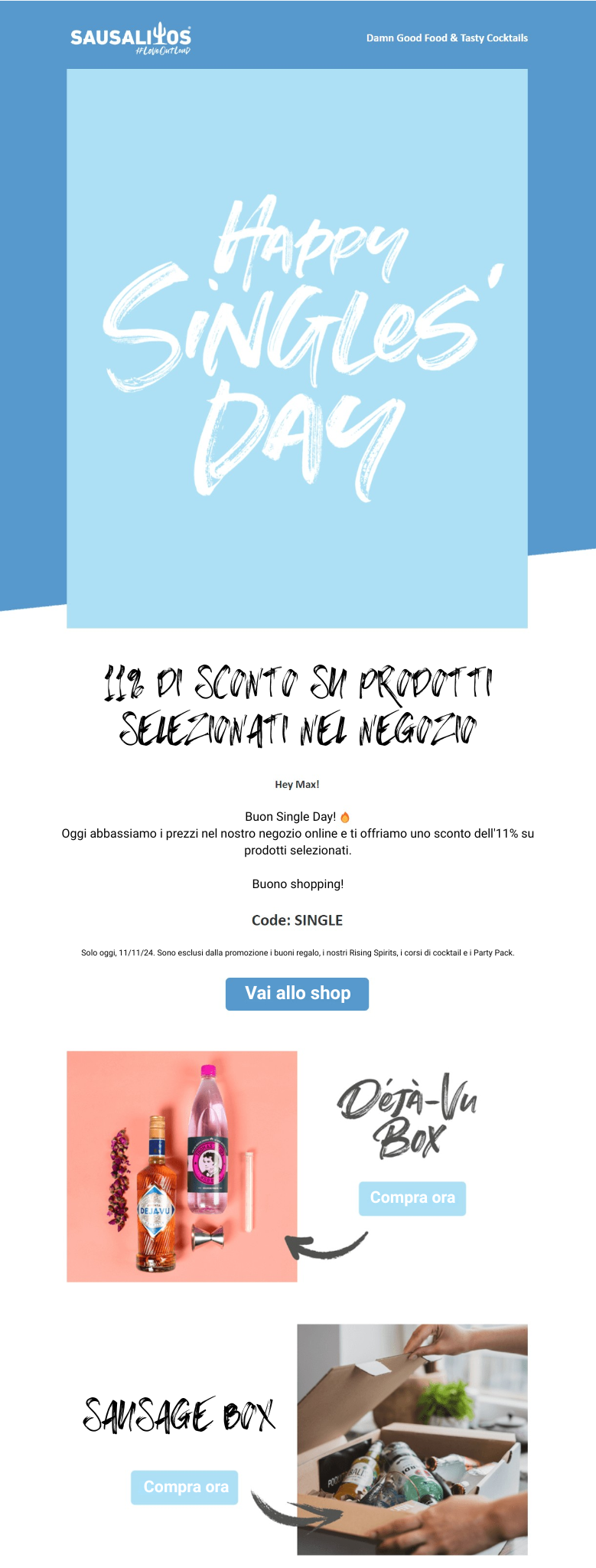 Esempio di newsletter di un bar che offre uno sconto per la festa dei single